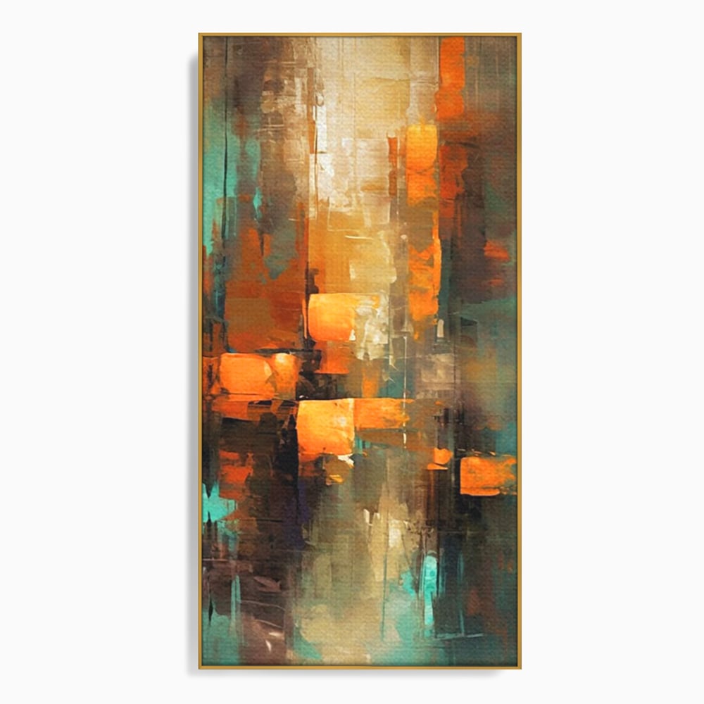 Tablou canvas cu pictura abstracta cu linii verticale, in rama de aluminiu auriu